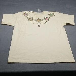 Match Point Womens Vintage Embellished Cream T-Shirt One Size With Shoulder Pads
